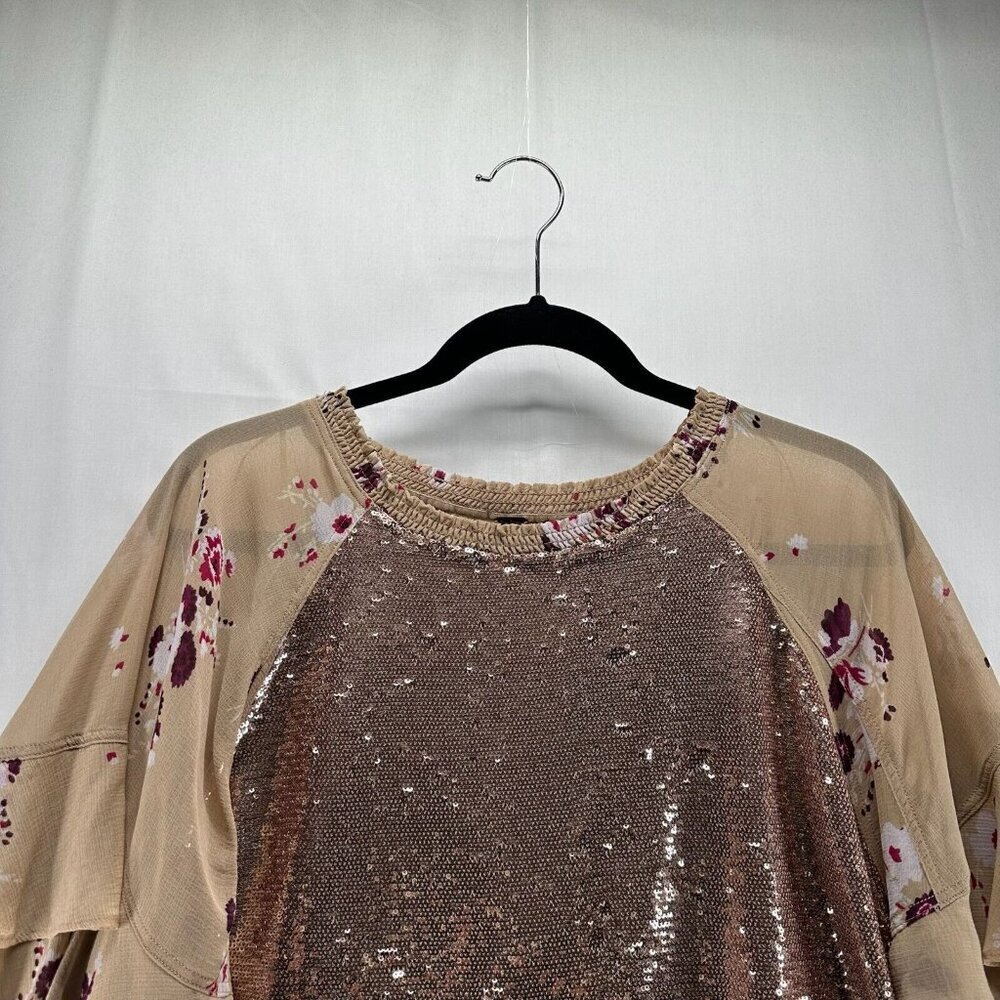 Free People Top Size S Shimmy & Shake Sequin Floral Tiered Bell Sleeve Brown - Picture 4 of 12
